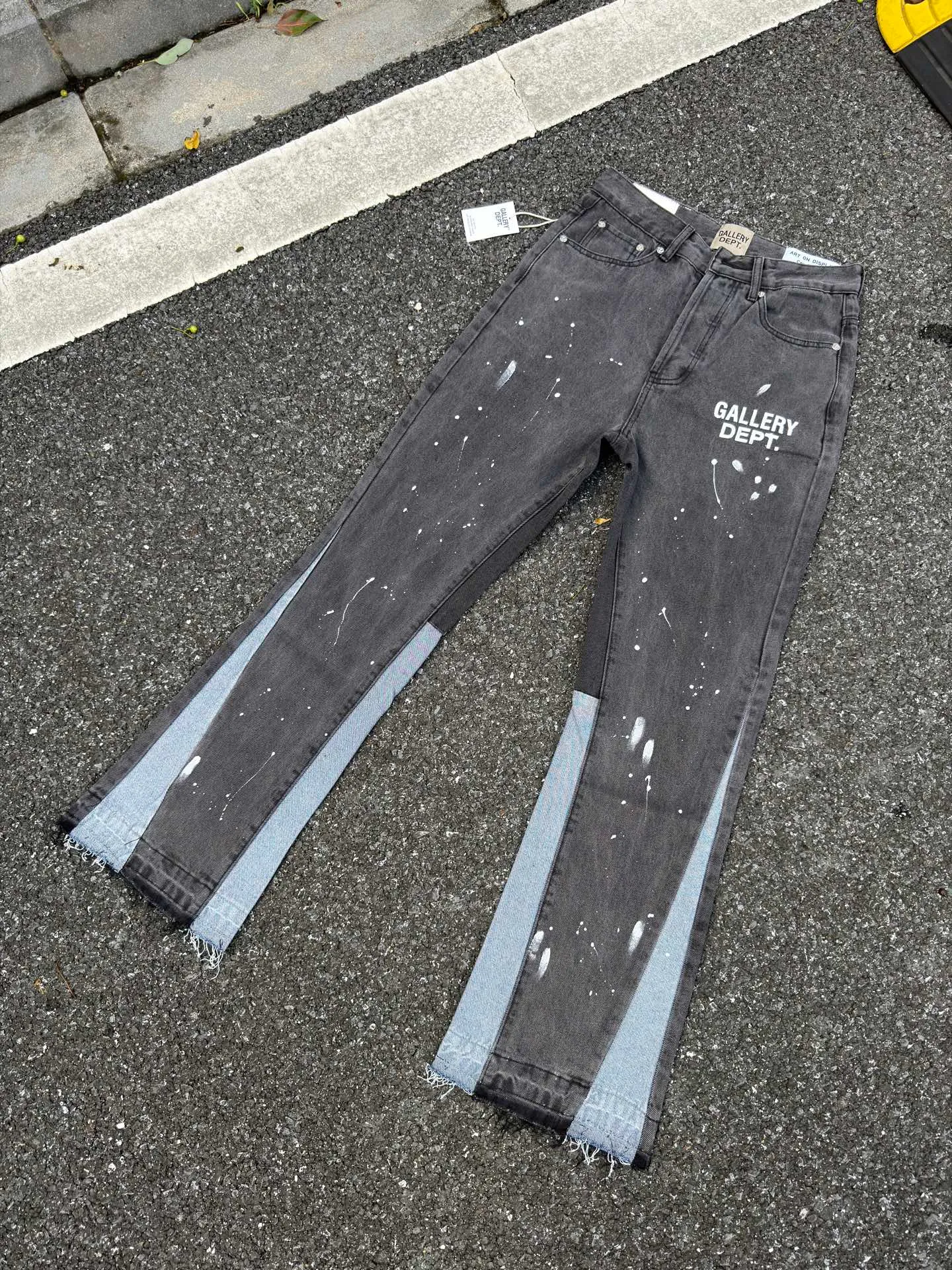 P240💰G01 GALLERY DEPT. Spliced ​​ink splash denim print logo bell bottoms washed jeans Color: black blue Code number: 28 30 32 34